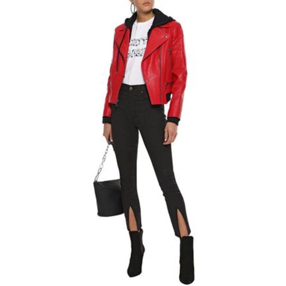 Alice + Olivia Avril Red Lamb Leather Hooded Moto Jacket Small S $995 - Picture 2 of 12
